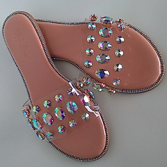 Shoes - Women's Nude Clear Multi Color Rhinestone Patent Leather Slide On Sandals